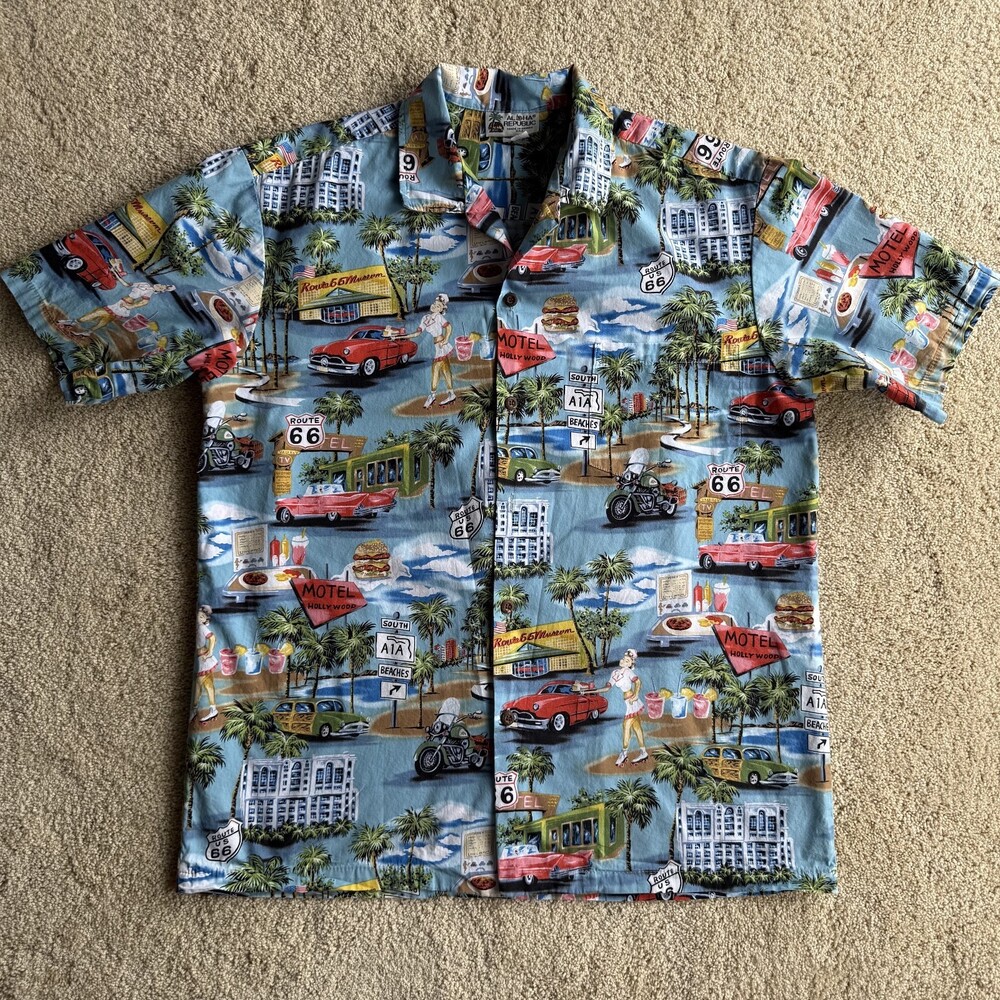 Vintage Aloha Republic Hawaiian Shirt Made In Hawaii USA Route 66 Beach Print L